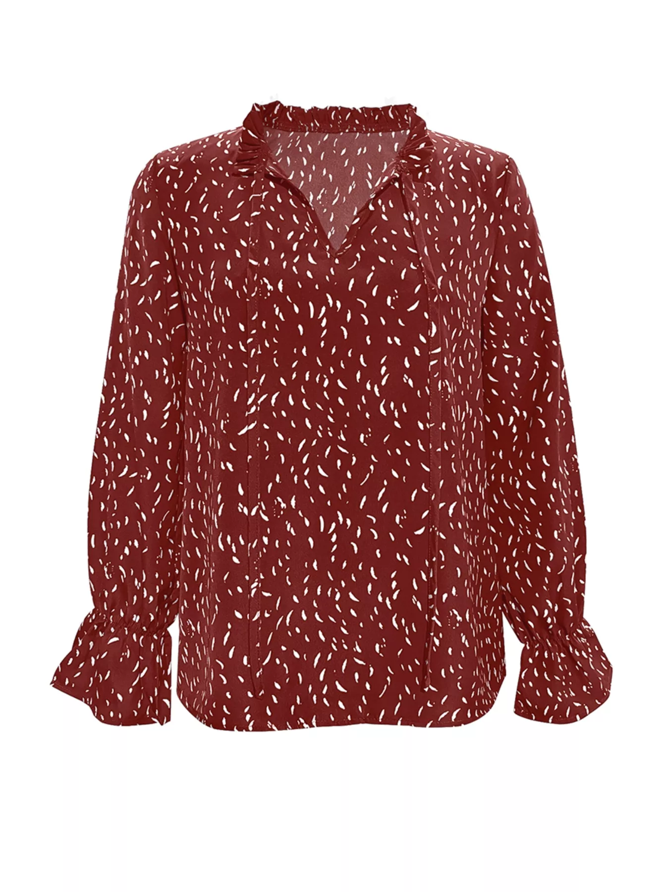 Ruffled Printed Tie Neck Long Sleeve Blouse - Image 9