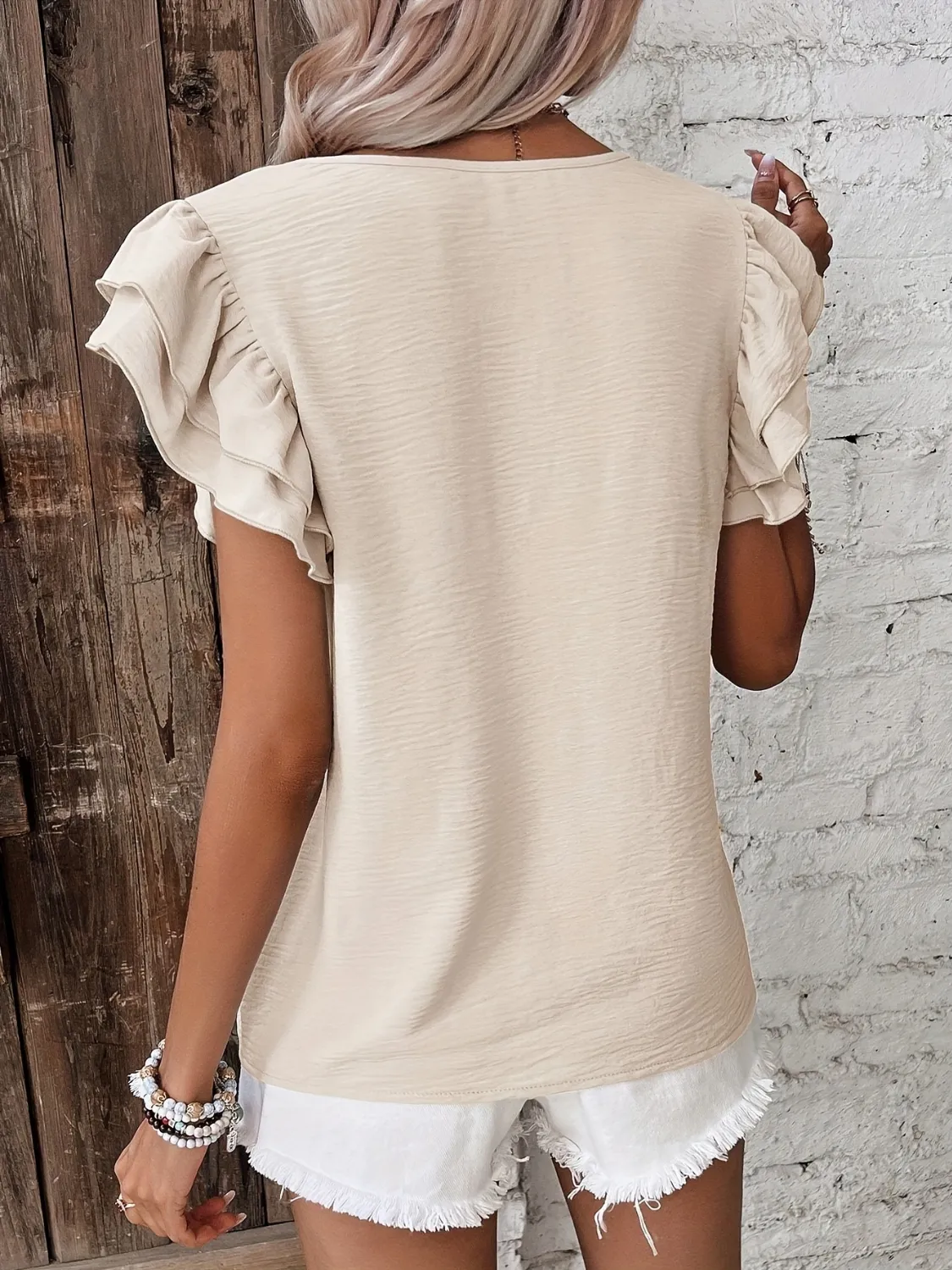 Ruffled Round Neck Cap Sleeve Blouse - Image 2