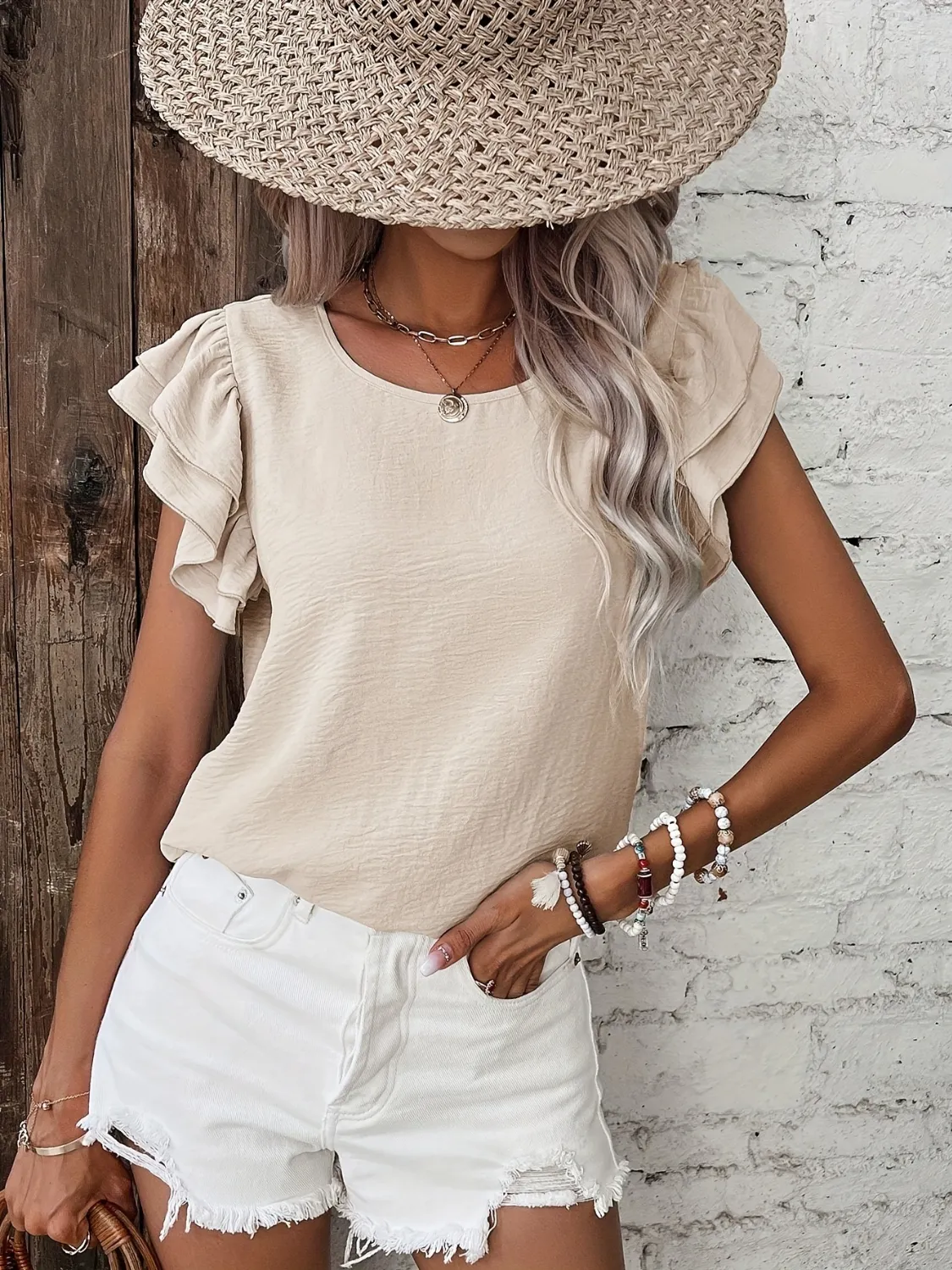 Ruffled Round Neck Cap Sleeve Blouse - Image 4