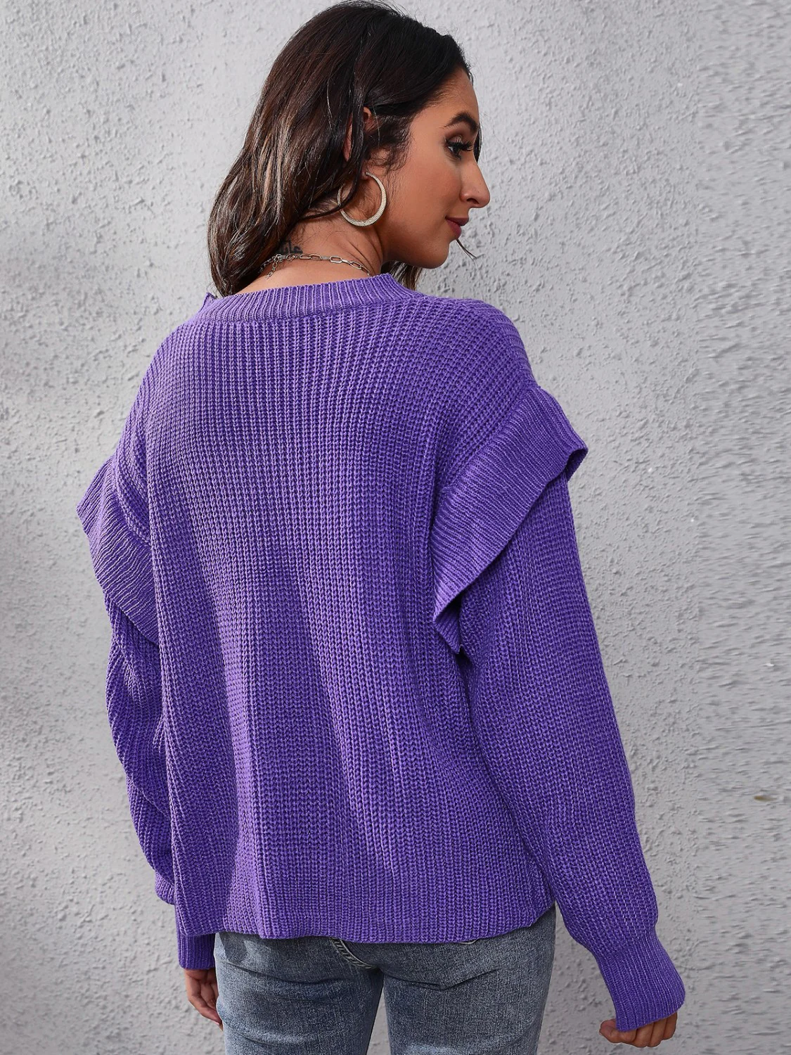 Ruffled Round Neck Dropped Shoulder Sweater - Image 2
