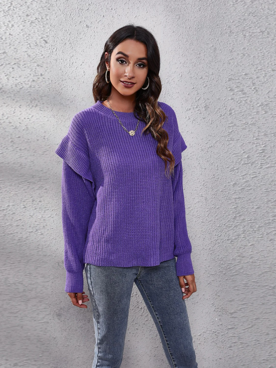 Ruffled Round Neck Dropped Shoulder Sweater - Image 3