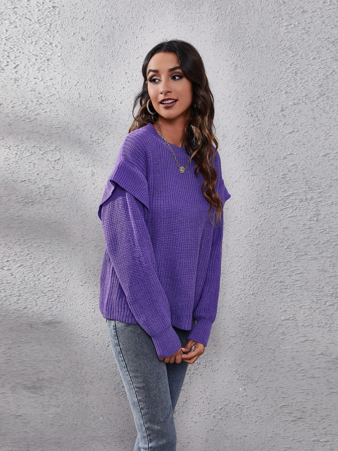 Ruffled Round Neck Dropped Shoulder Sweater - Image 4