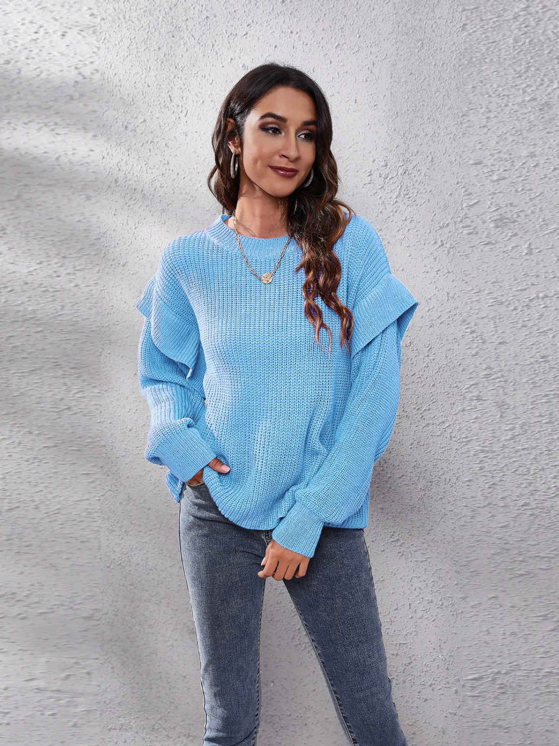 Ruffled Round Neck Dropped Shoulder Sweater - Image 5