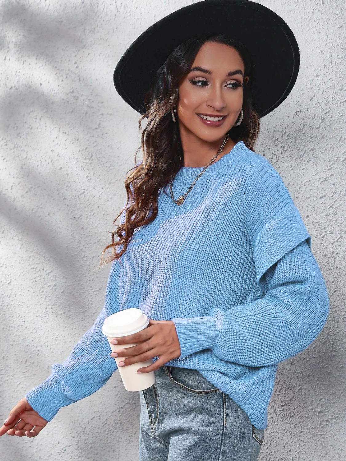 Ruffled Round Neck Dropped Shoulder Sweater - Image 6