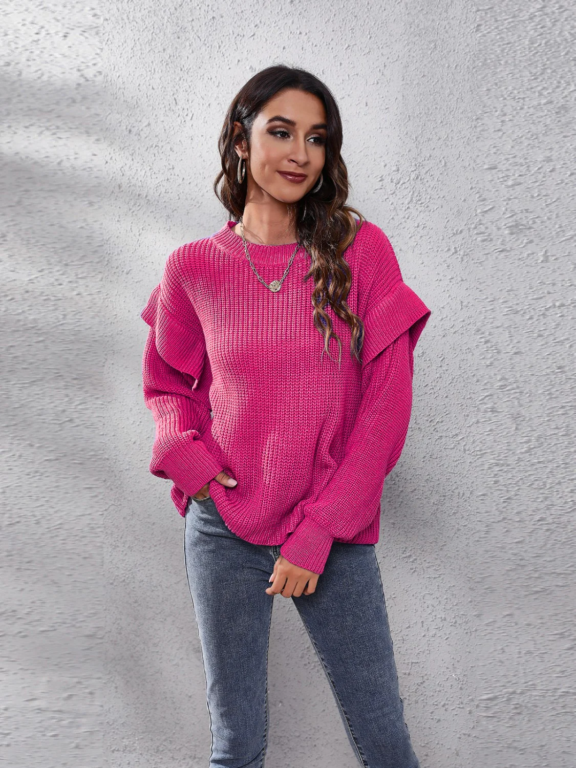 Ruffled Round Neck Dropped Shoulder Sweater - Image 8