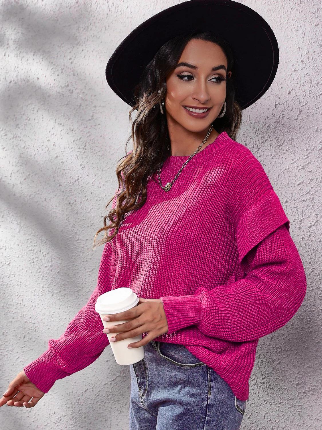 Ruffled Round Neck Dropped Shoulder Sweater - Image 9