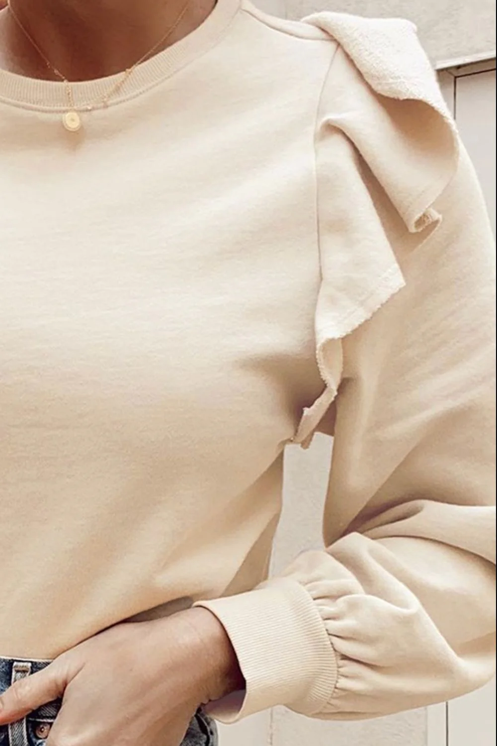 Ruffled Round Neck Long Sleeve Blouse - Image 2