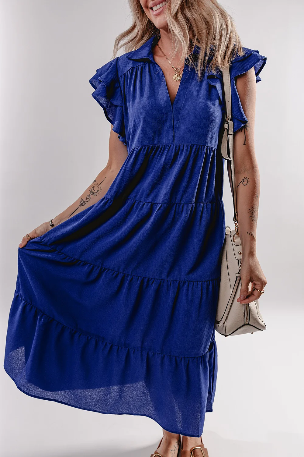 Ruffled Short Sleeve Collared V Neck Tiered Midi Dress - Image 2