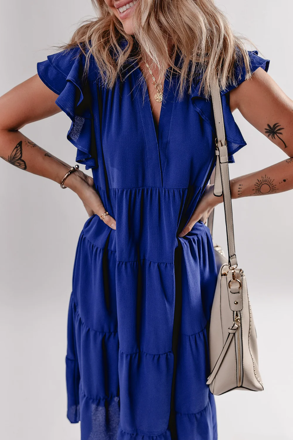 Ruffled Short Sleeve Collared V Neck Tiered Midi Dress - Image 4