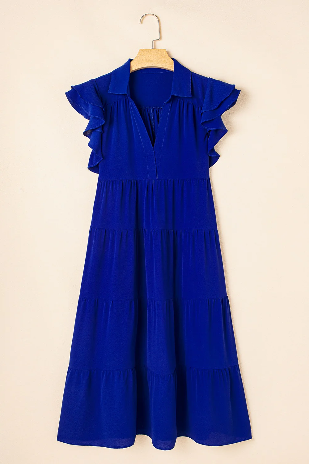 Ruffled Short Sleeve Collared V Neck Tiered Midi Dress - Image 7