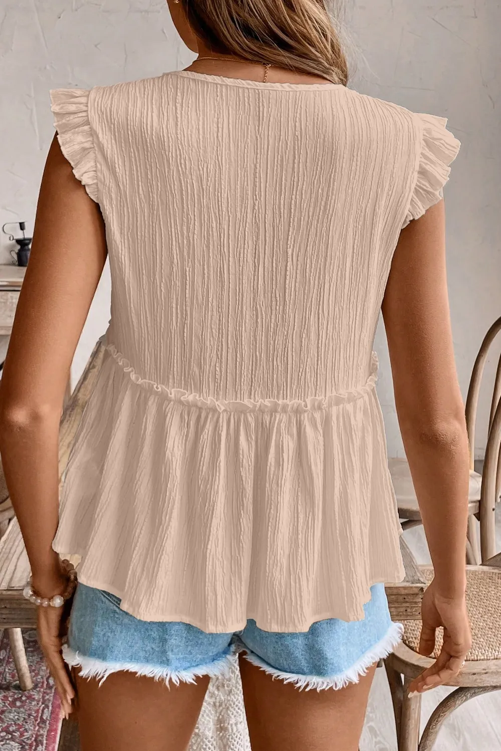 Ruffled Trim V Neck Flutter Flowy Top - Image 15