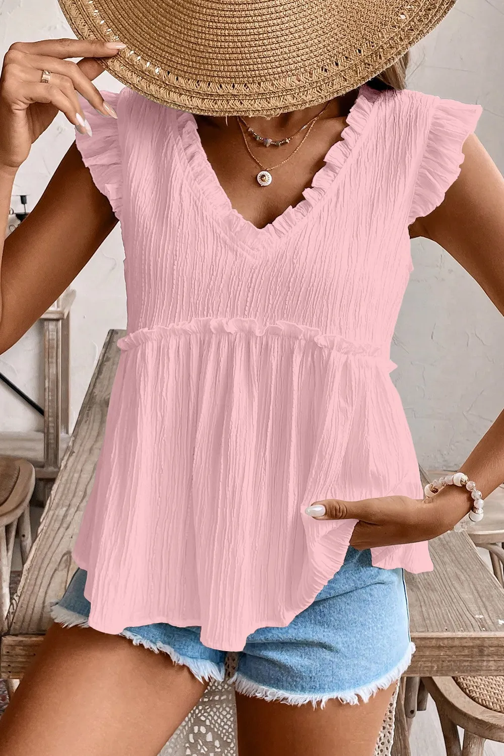 Ruffled Trim V Neck Flutter Flowy Top - Image 8