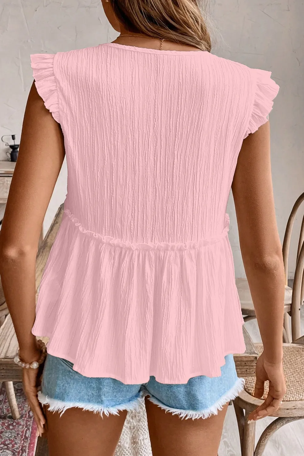 Ruffled Trim V Neck Flutter Flowy Top - Image 9