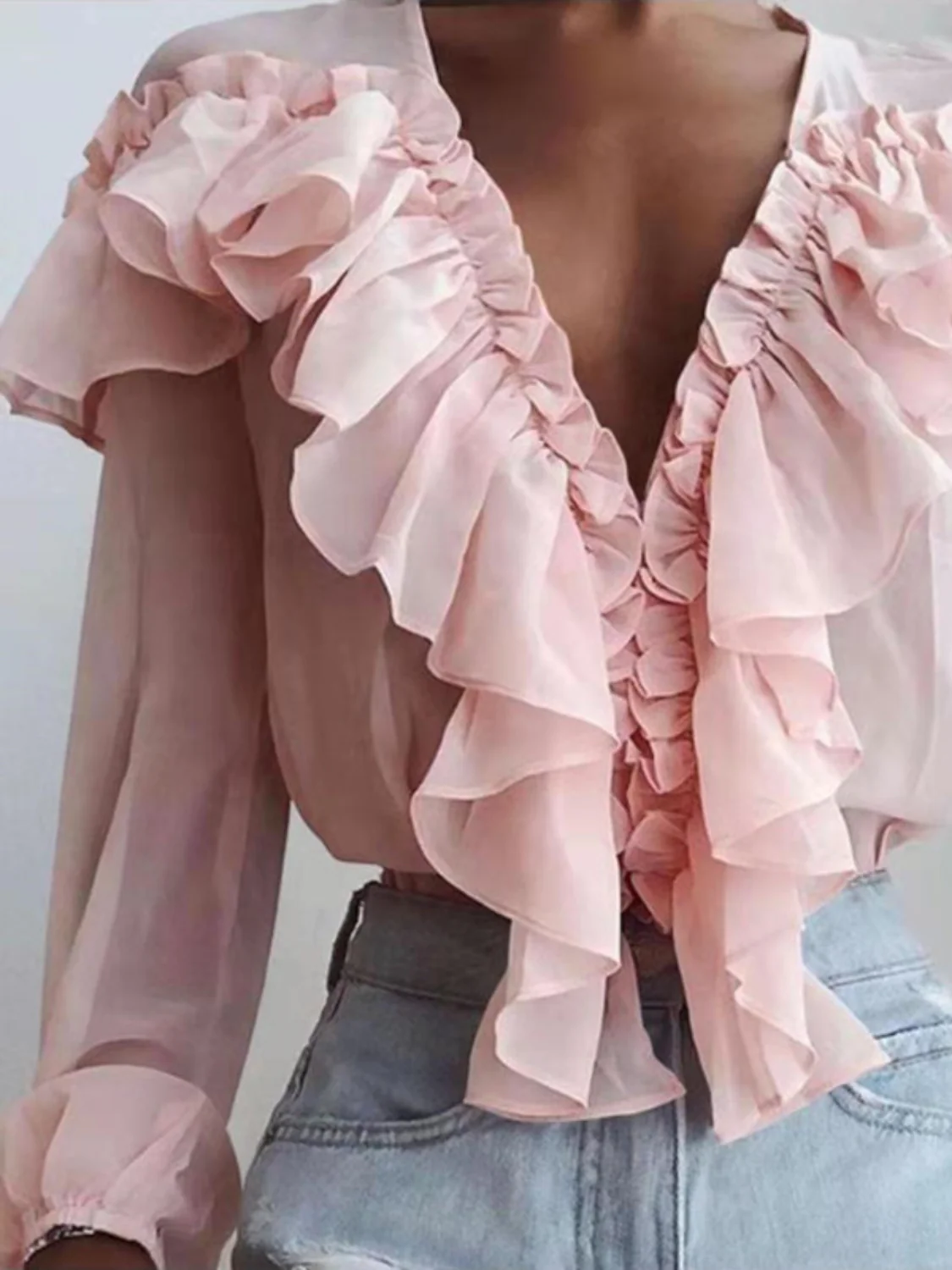 Ruffled V-Neck Long Sleeve Blouse - Image 2