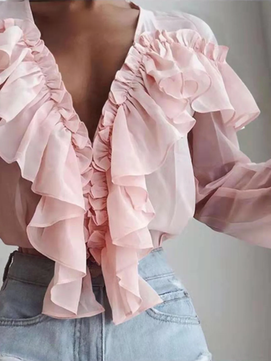 Ruffled V-Neck Long Sleeve Blouse - Image 3