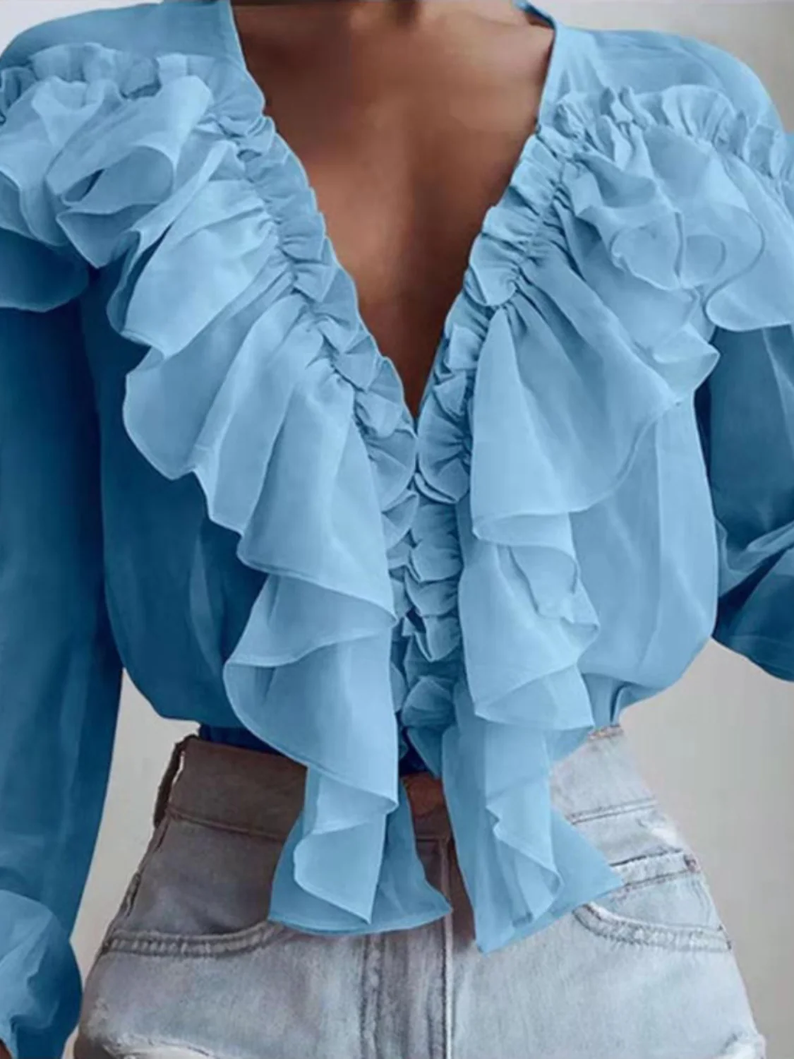 Ruffled V-Neck Long Sleeve Blouse - Image 4