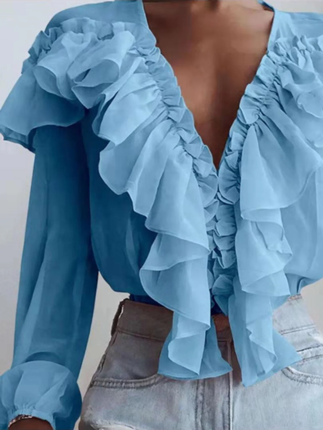 Ruffled V-Neck Long Sleeve Blouse - Image 5
