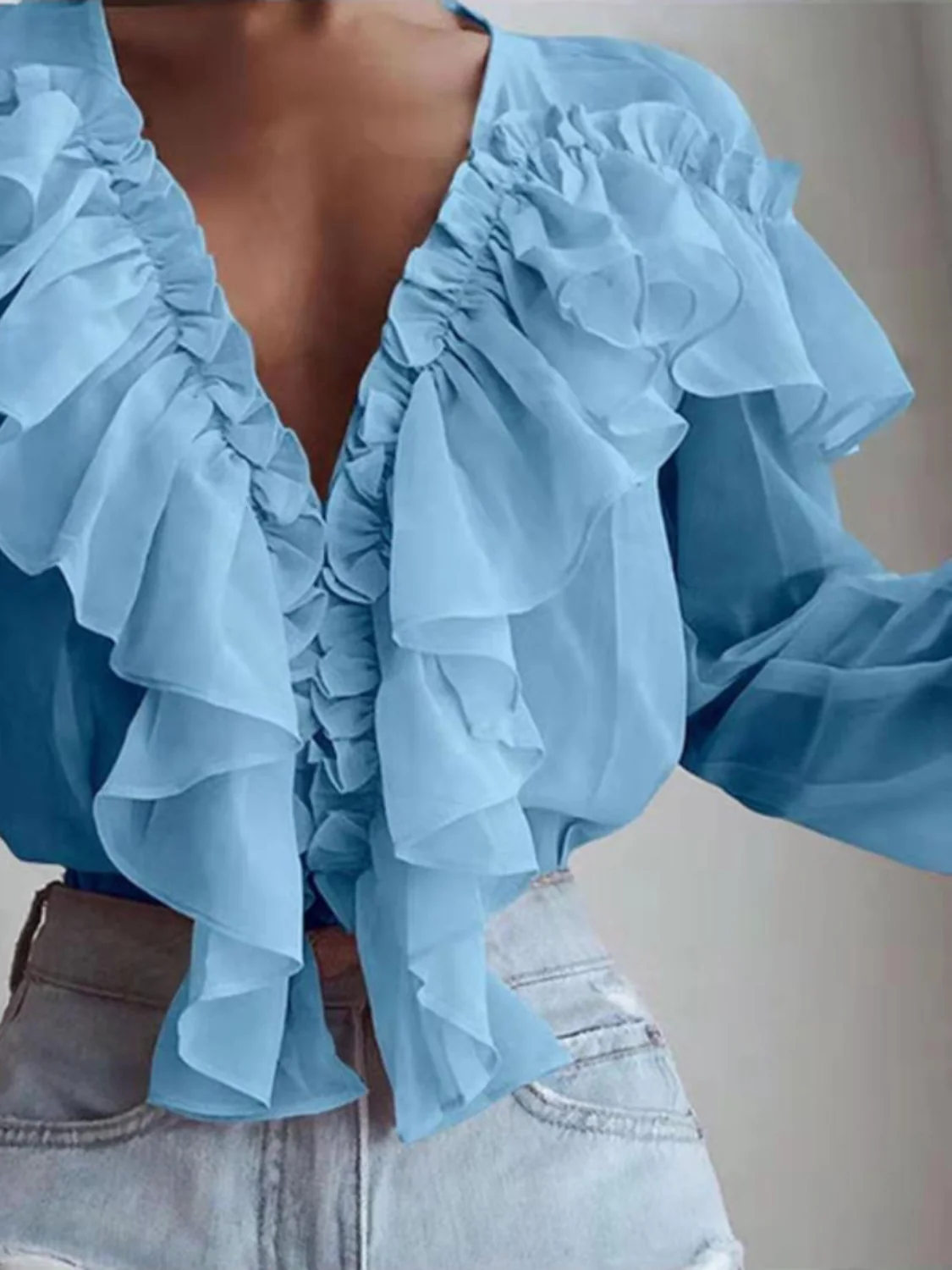 Ruffled V-Neck Long Sleeve Blouse - Image 6
