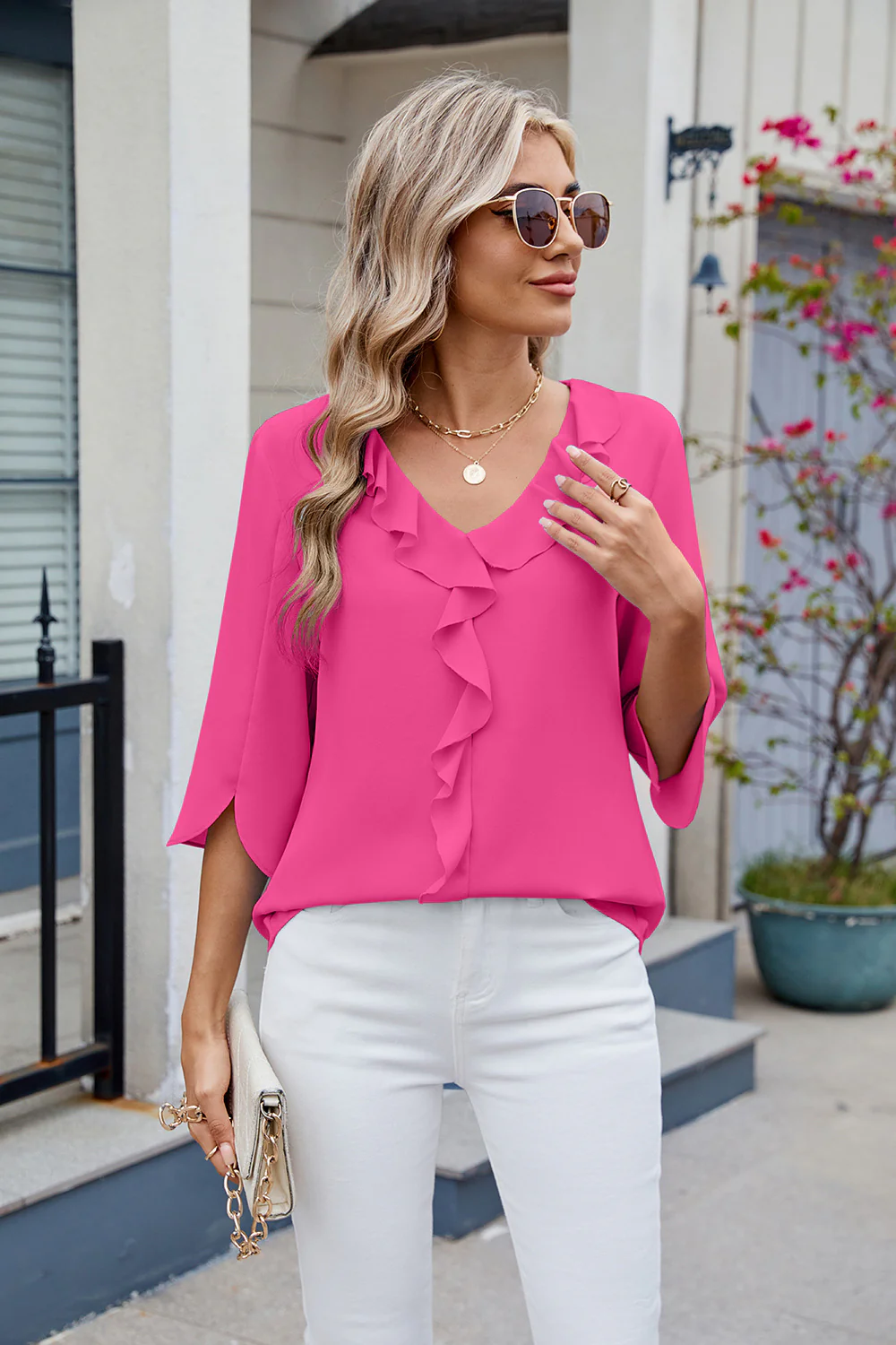 Ruffled V-Neck Three-Quarter Sleeve Blouse - Image 10