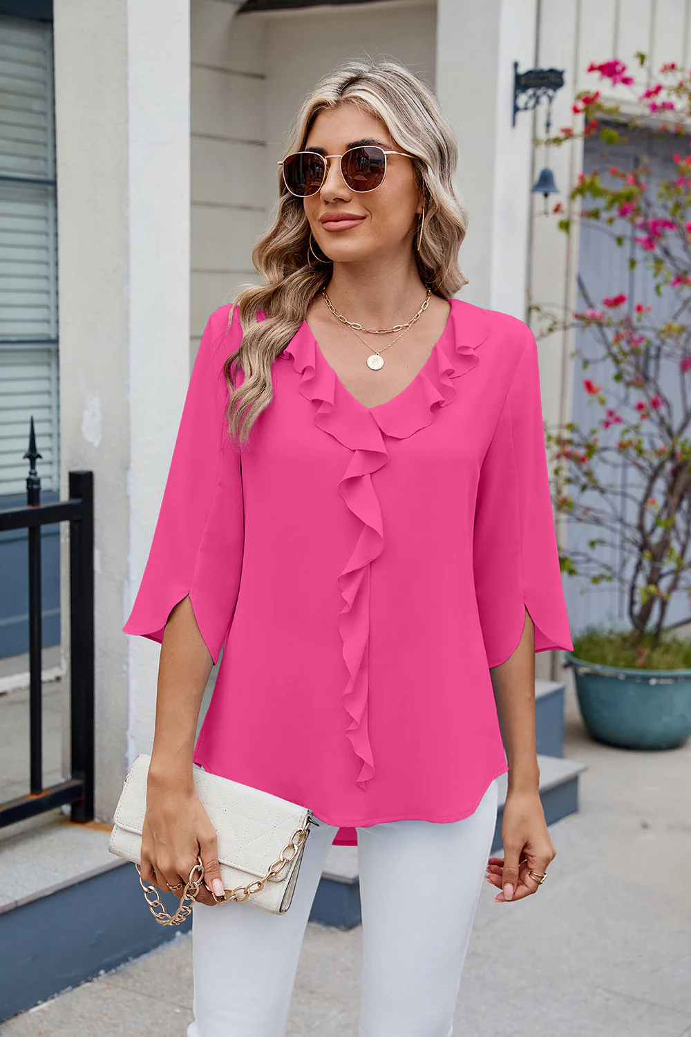 Ruffled V-Neck Three-Quarter Sleeve Blouse - Image 11