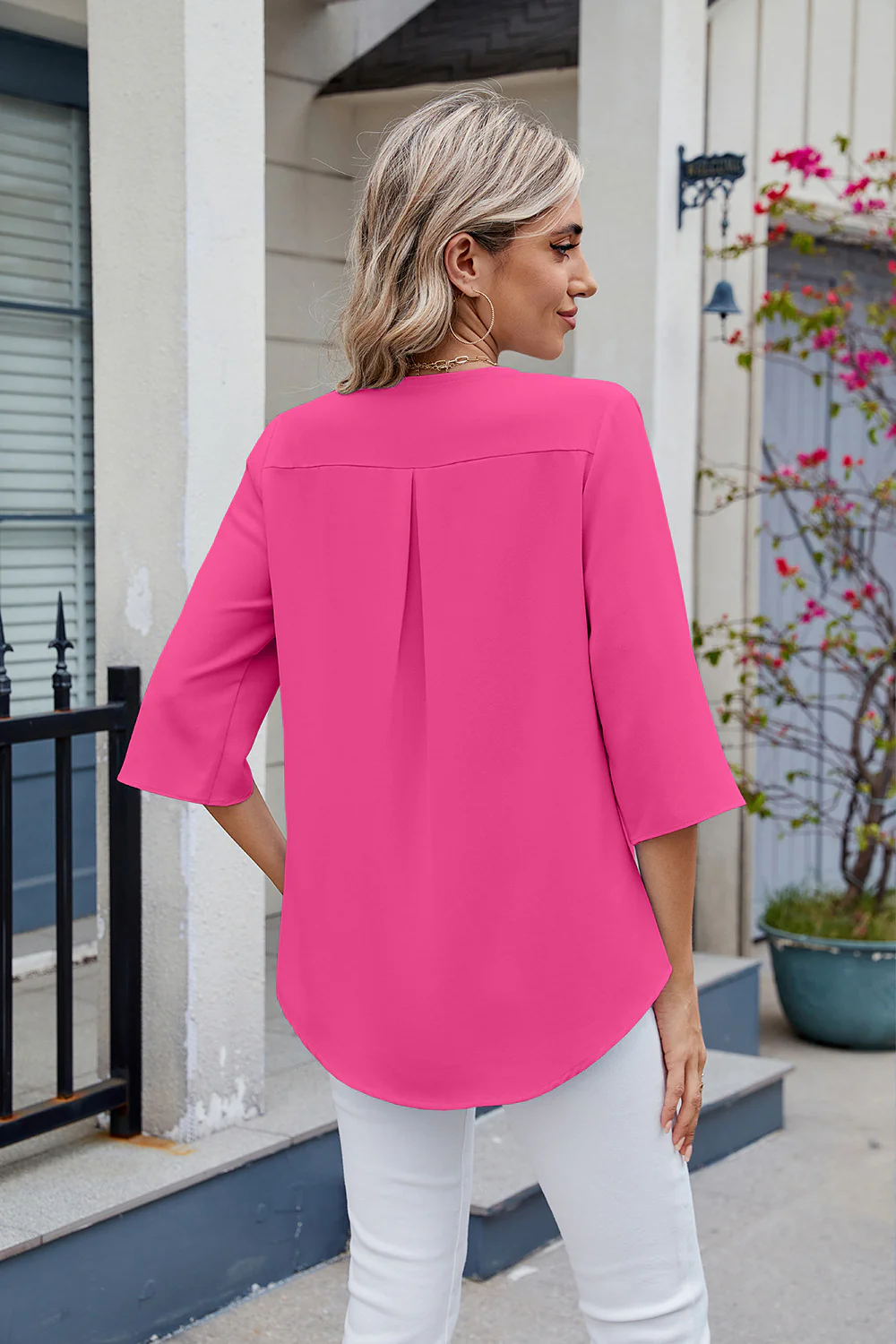 Ruffled V-Neck Three-Quarter Sleeve Blouse - Image 12