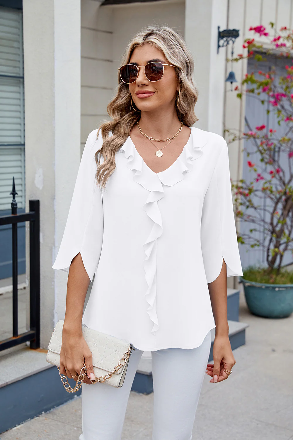 Ruffled V-Neck Three-Quarter Sleeve Blouse - Image 20