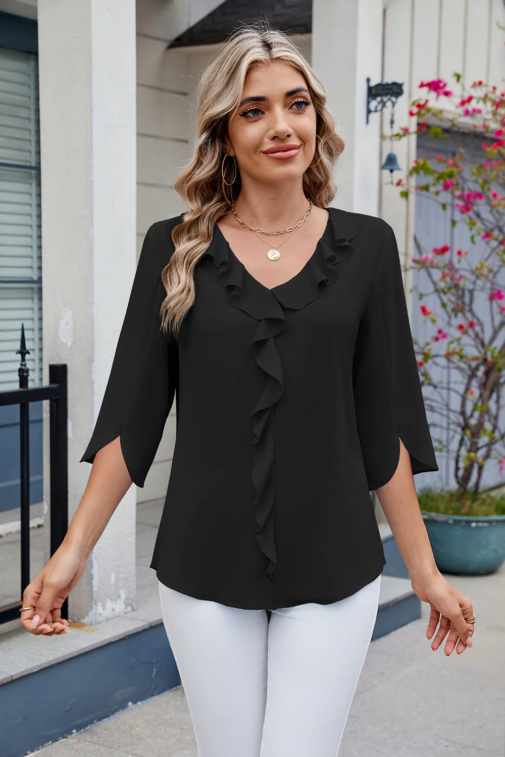 Ruffled V-Neck Three-Quarter Sleeve Blouse - Image 23