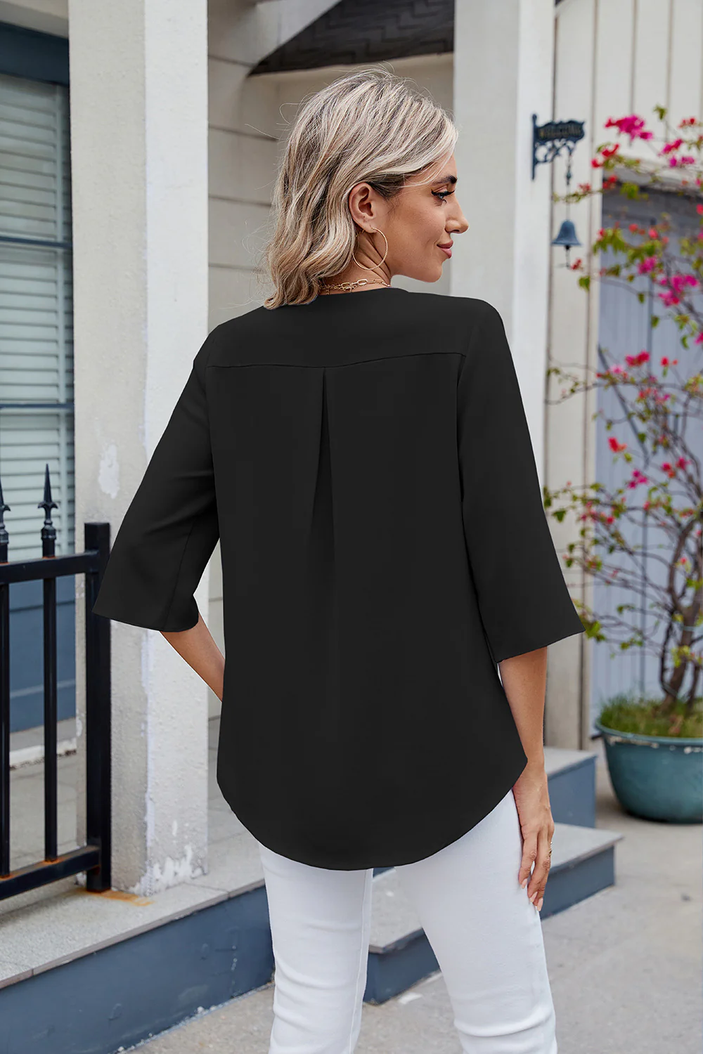 Ruffled V-Neck Three-Quarter Sleeve Blouse - Image 24