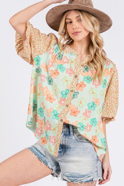 Button Down Bubble Sleeves Shirt