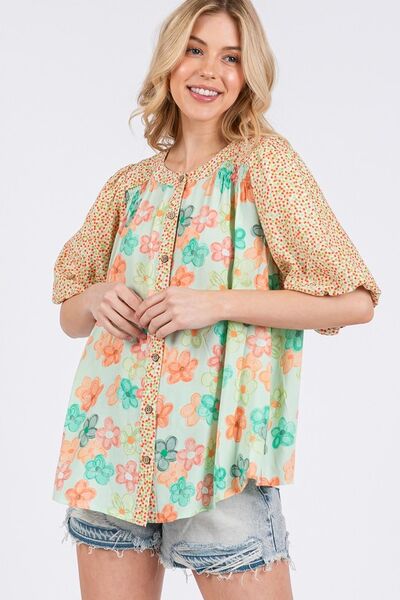 Button Down Bubble Sleeves Shirt - Image 3