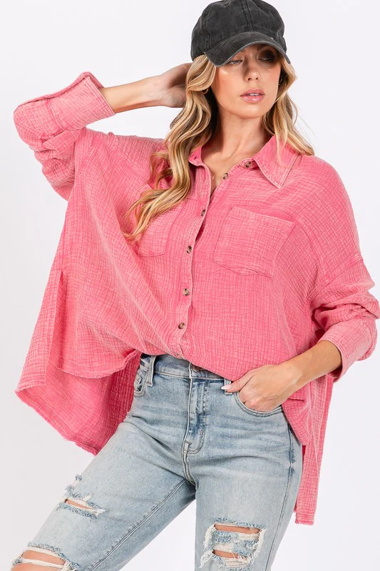 SAGE + FIG Frayed Hem Side Slit Button Down Shirt - Image 2