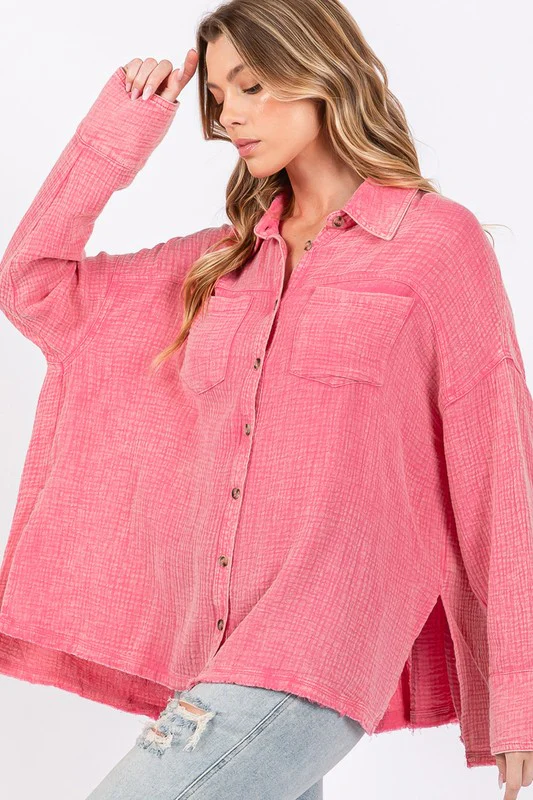 SAGE + FIG Frayed Hem Side Slit Button Down Shirt - Image 3
