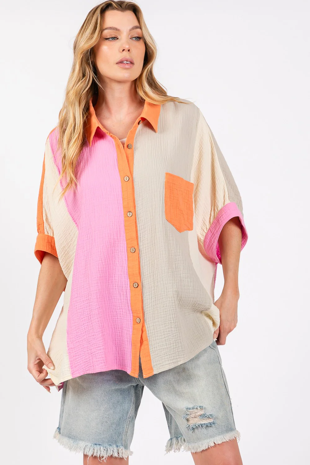 SAGE + FIG Full Size Color Block Button-Down Shirt - Image 2