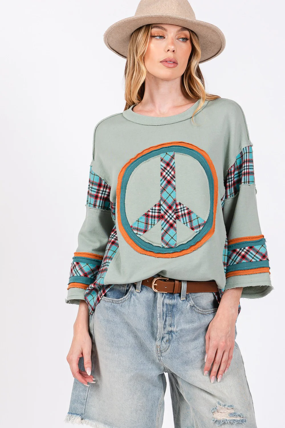 SAGE + FIG Peace Applique Patch Contrast Plaid Top - Image 5