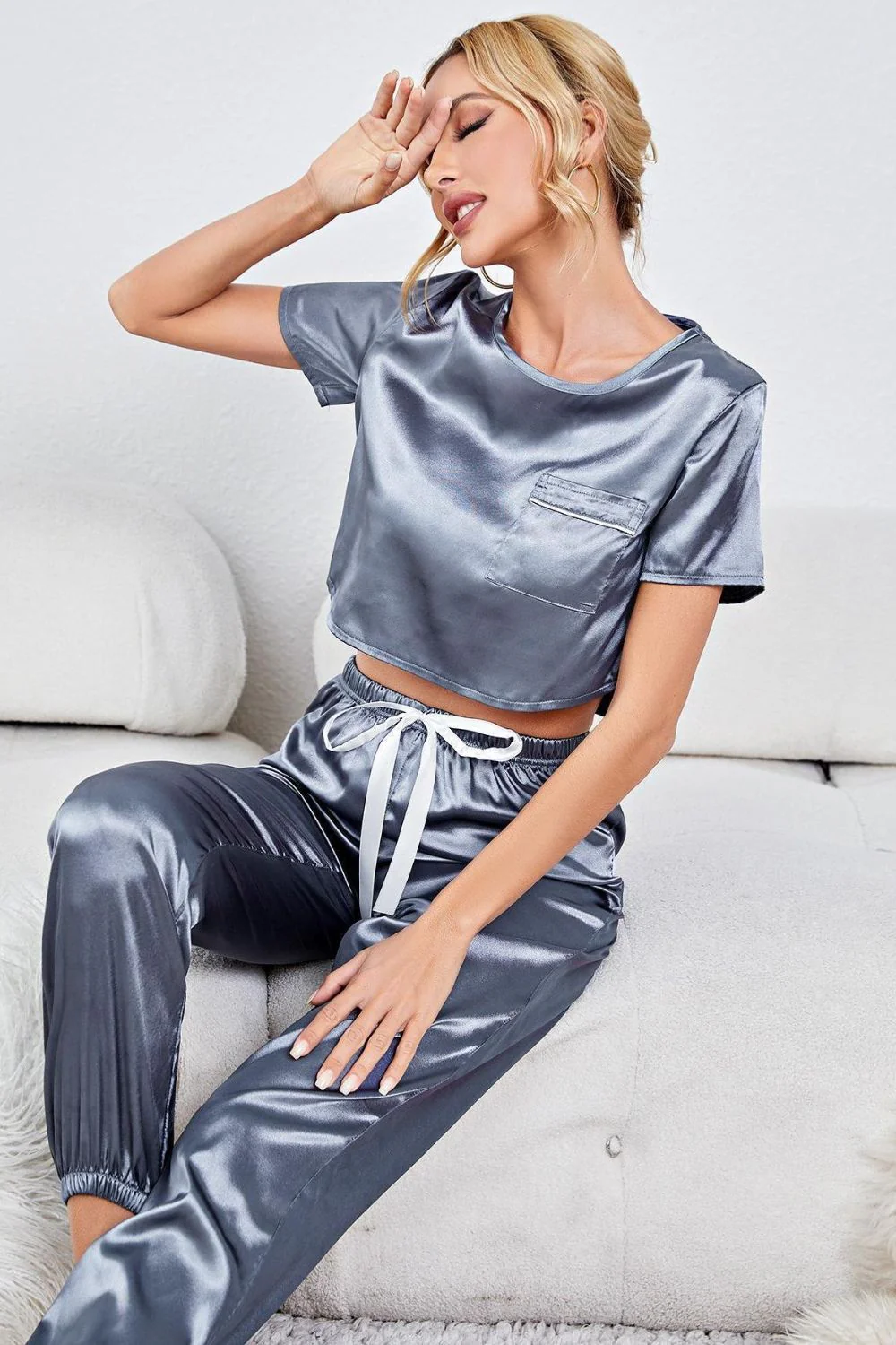 Satin Short Sleeve Crop Top and Joggers Lounge Set - Image 4