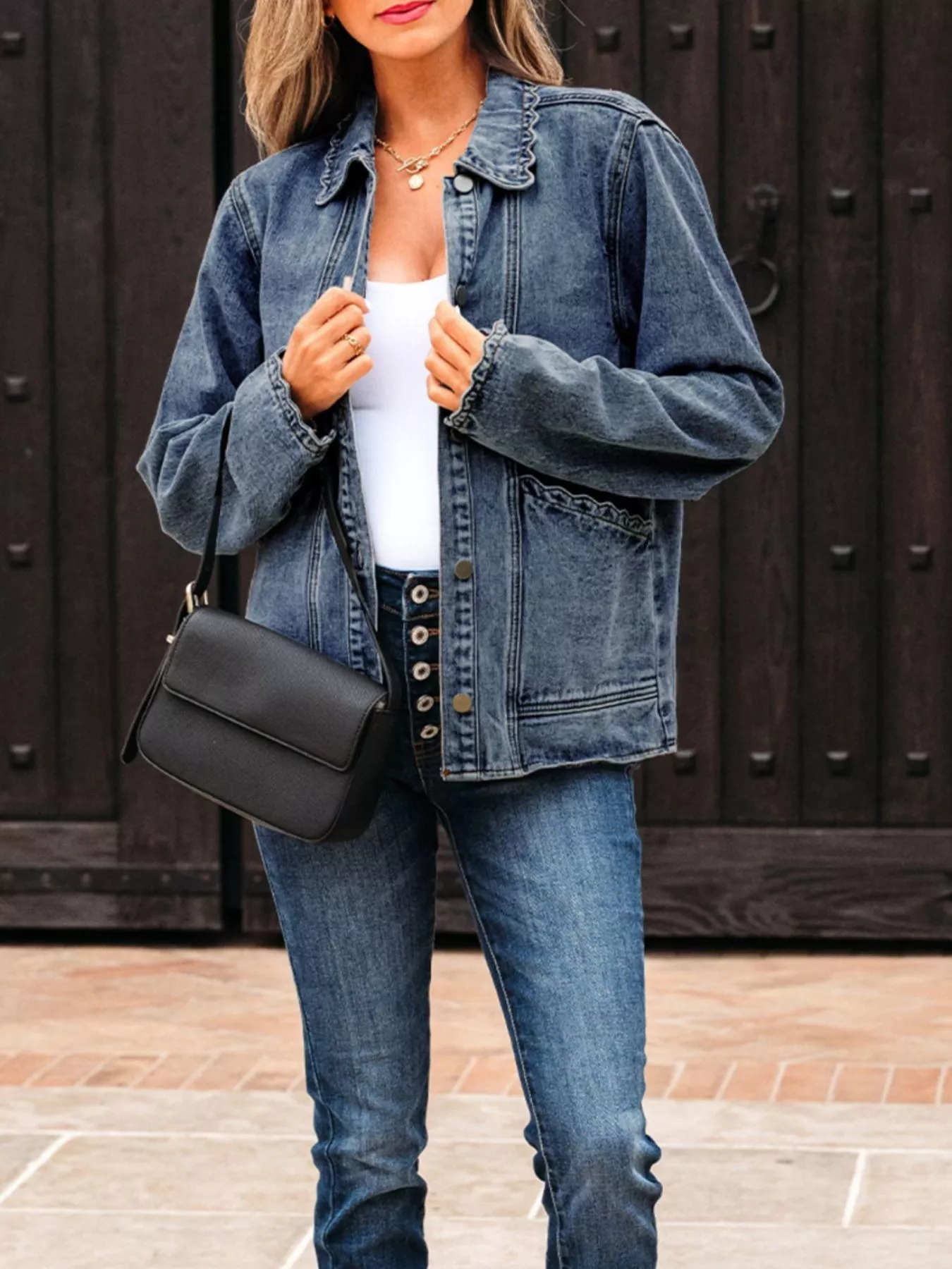 Scallop Trim Collar Patched Pocket Button Up Denim Jacket - Image 16