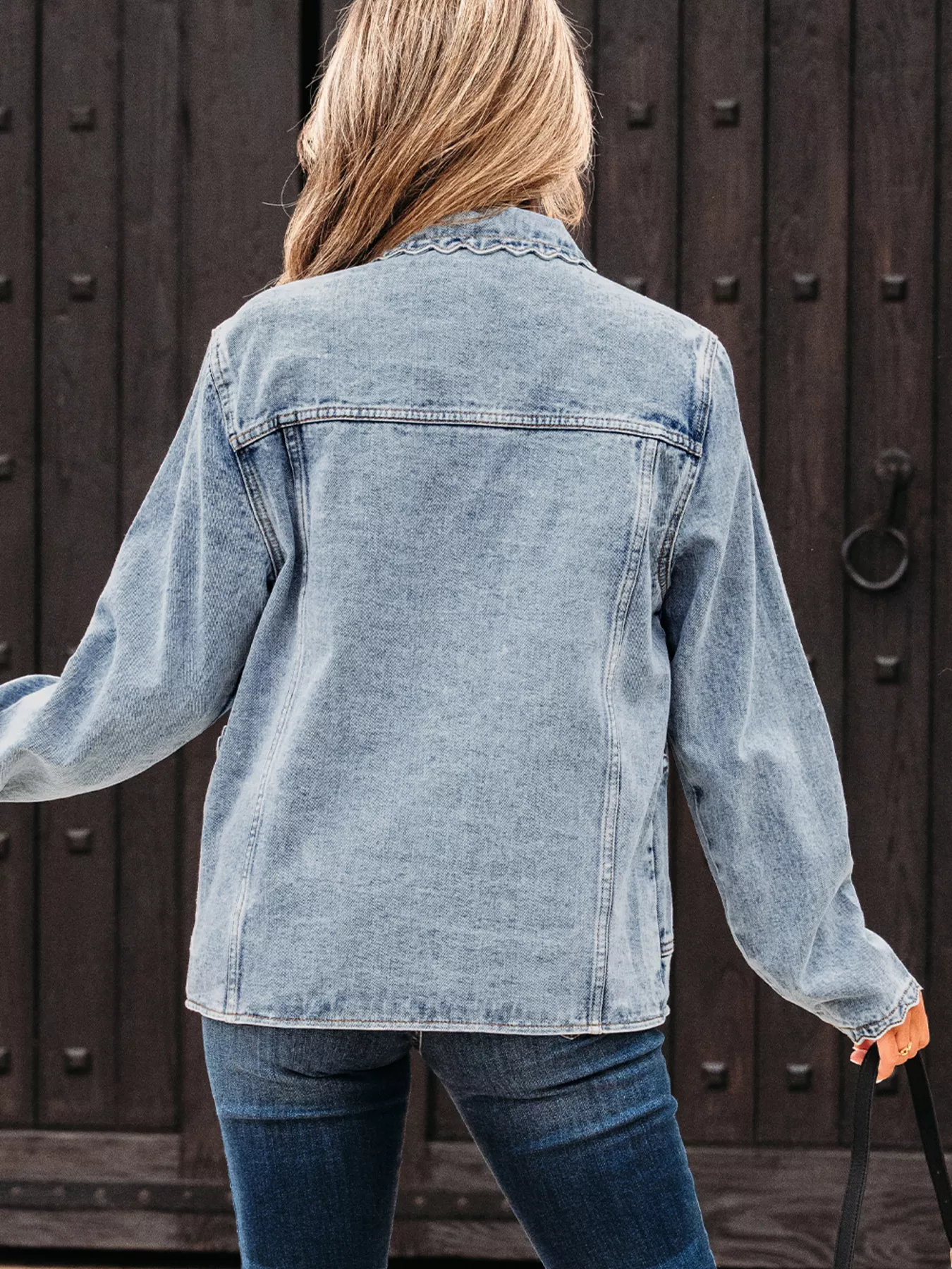Scallop Trim Collar Patched Pocket Button Up Denim Jacket - Image 3