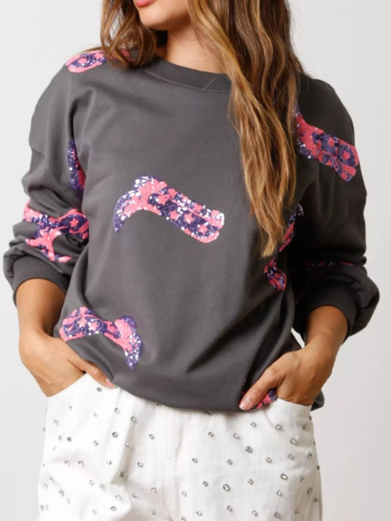 Sequin Boot Crewneck Sweatshirt - Image 10