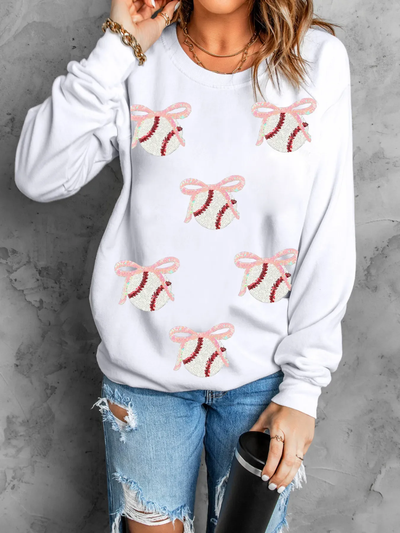 Sequin Bow Baseball Patched Casual Sweatshirt - Image 2