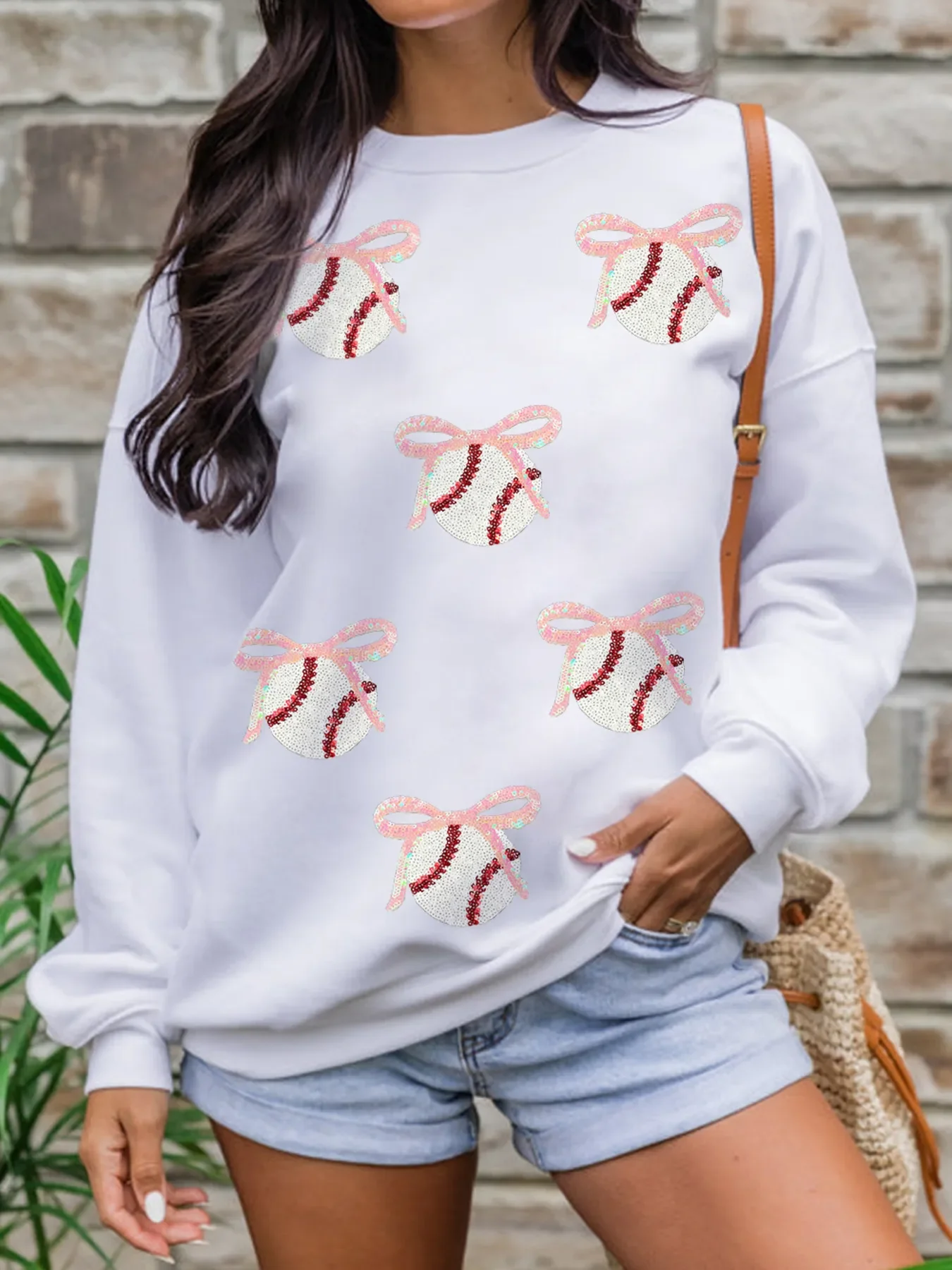 Sequin Bow Baseball Patched Casual Sweatshirt - Image 4