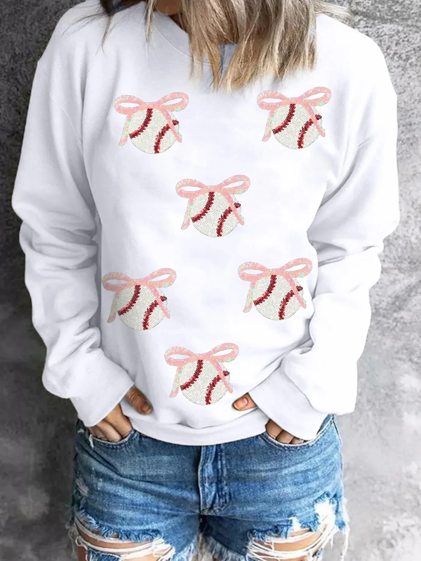 Sequin Bow Baseball Patched Casual Sweatshirt - Image 5