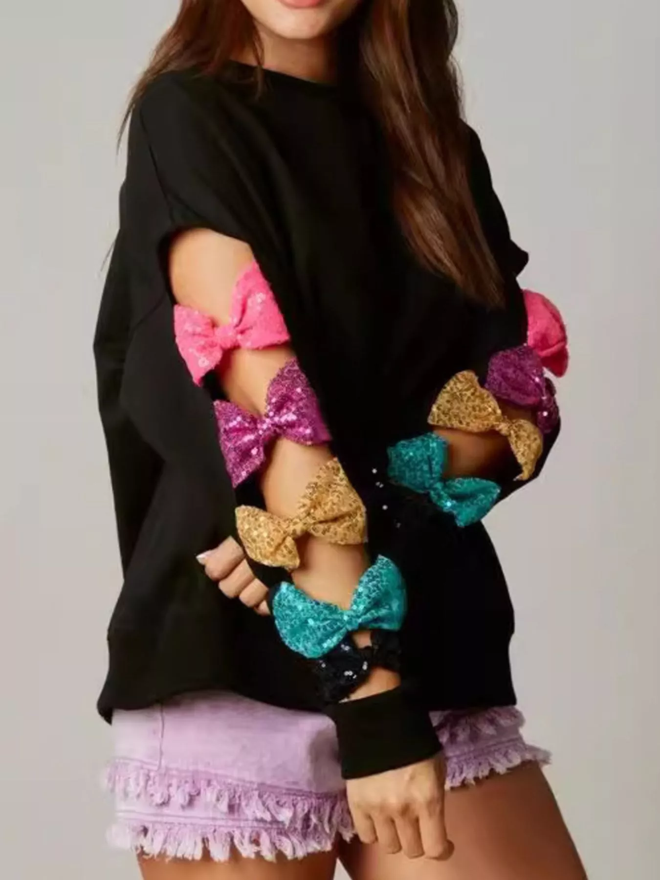 Sequin Bow Cutout Round Neck Sweatshirt