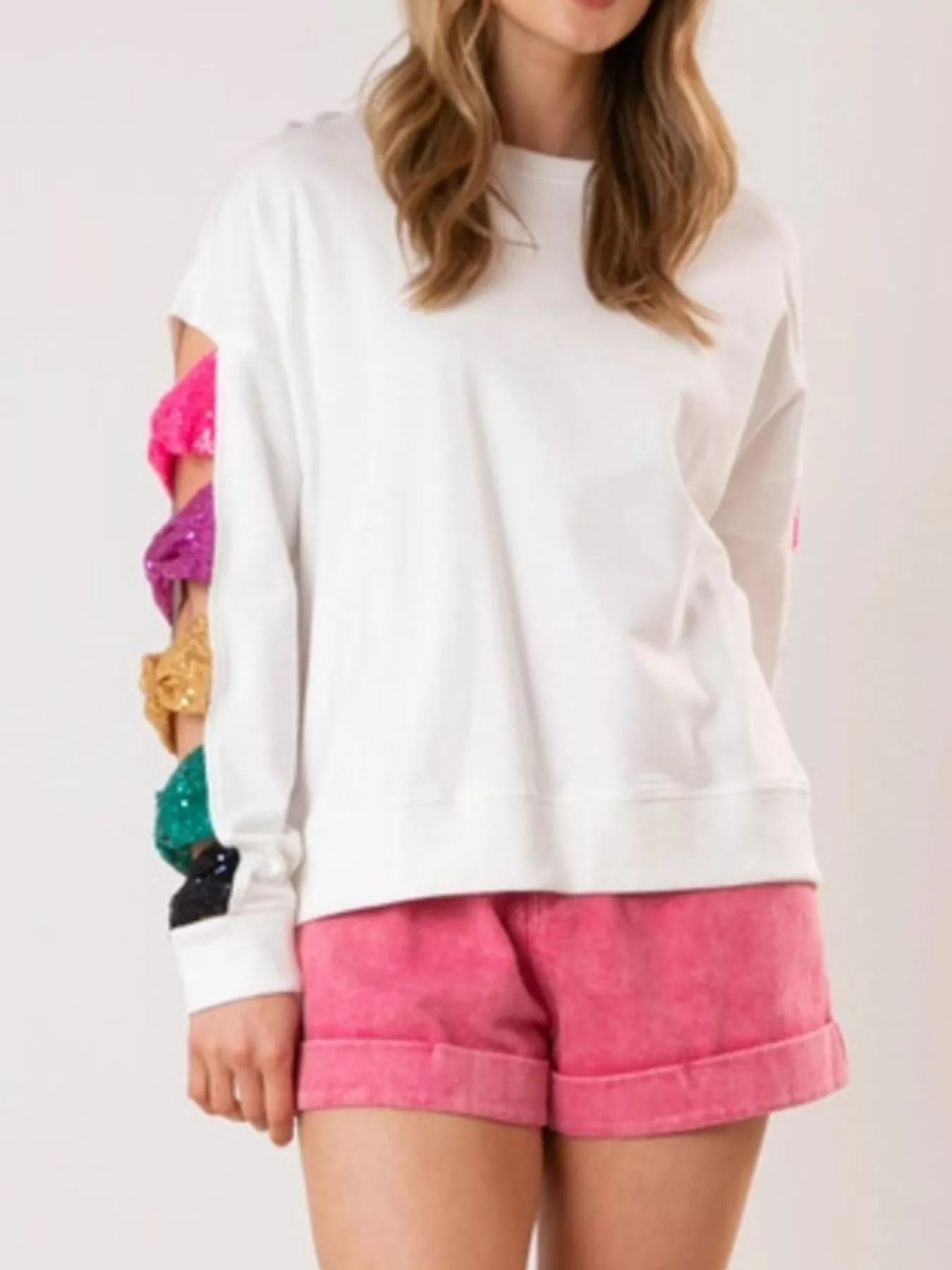 Sequin Bow Cutout Round Neck Sweatshirt - Image 10