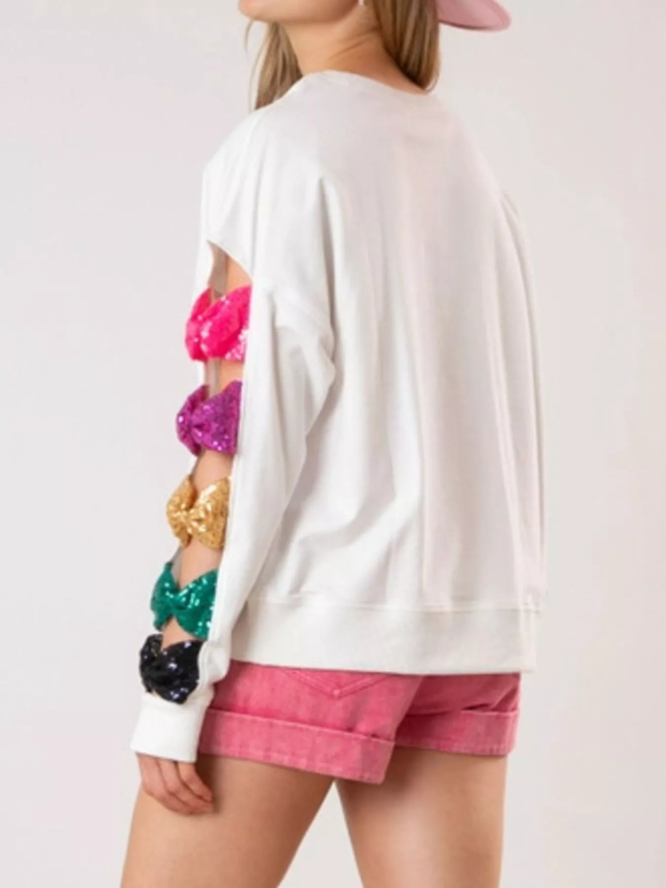 Sequin Bow Cutout Round Neck Sweatshirt - Image 11