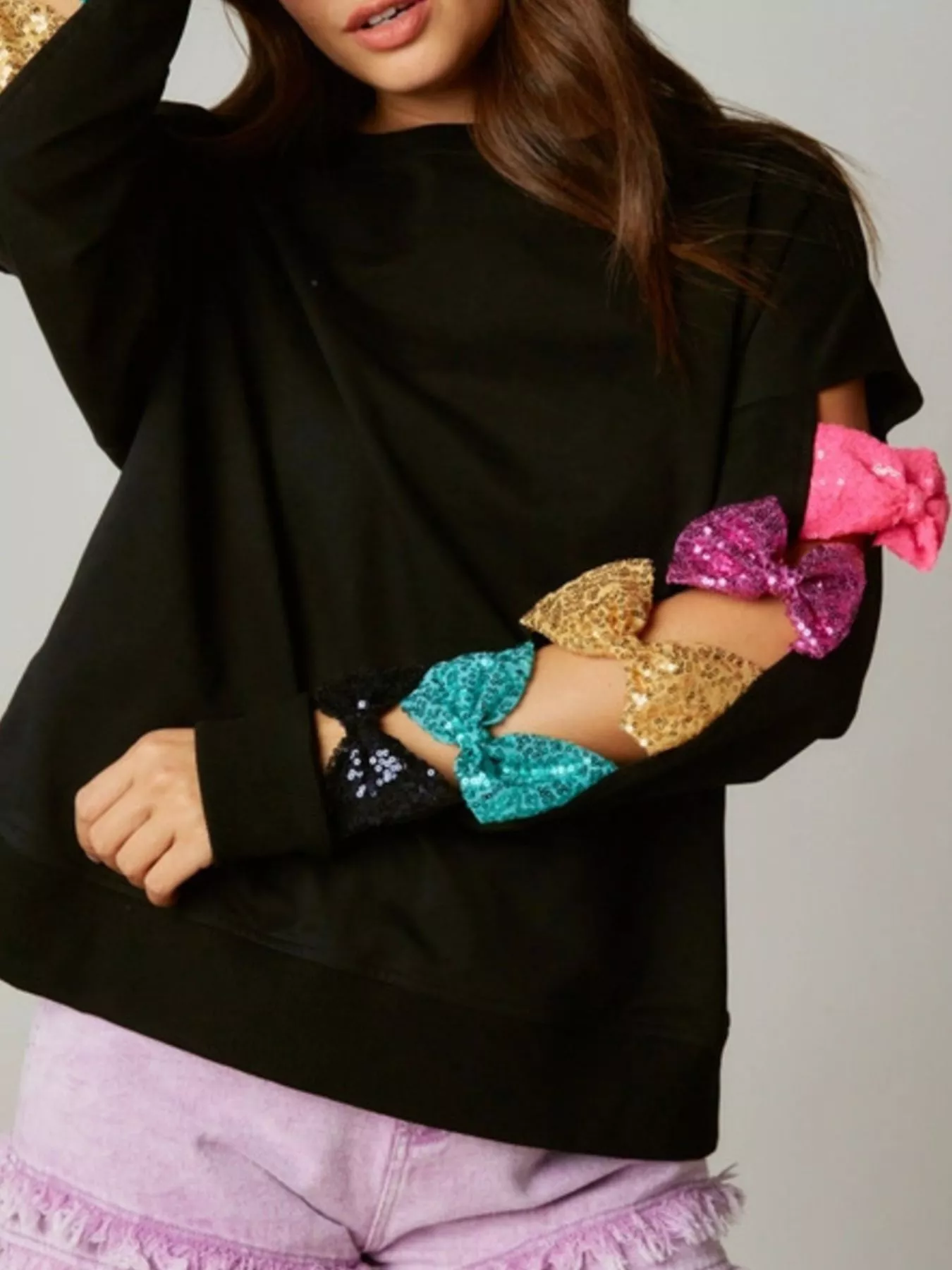 Sequin Bow Cutout Round Neck Sweatshirt - Image 3