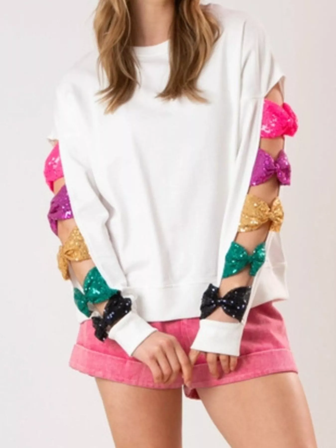 Sequin Bow Cutout Round Neck Sweatshirt - Image 7