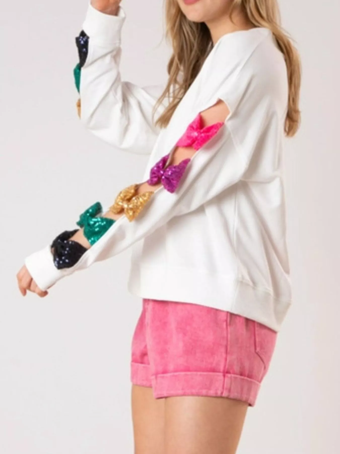 Sequin Bow Cutout Round Neck Sweatshirt - Image 8