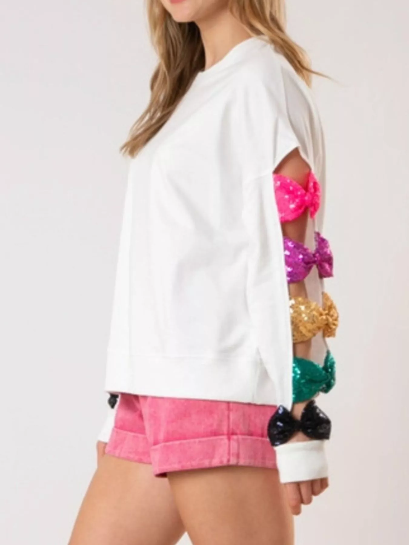 Sequin Bow Cutout Round Neck Sweatshirt - Image 9