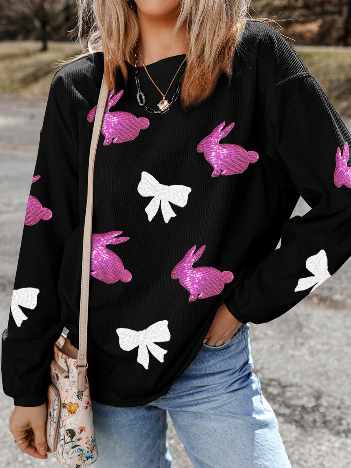 Sequin Bunny Bow Easter Corded Rib Sweatshirt - Image 2