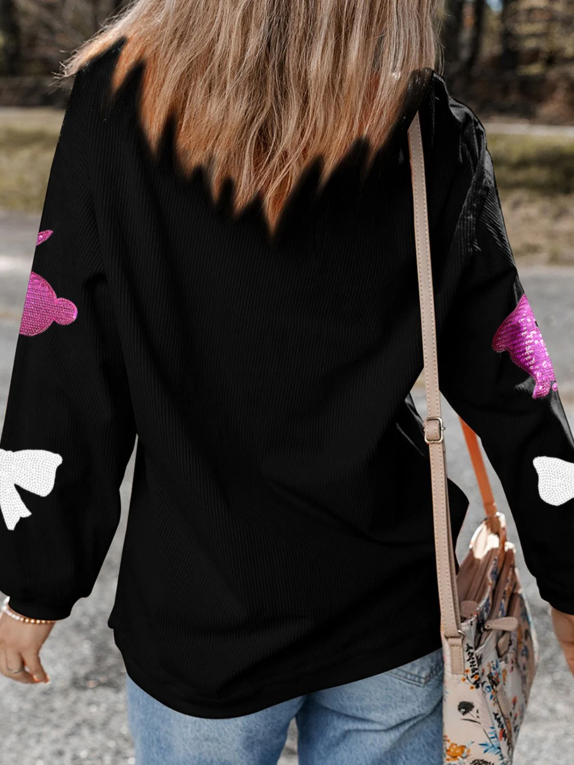 Sequin Bunny Bow Easter Corded Rib Sweatshirt - Image 3